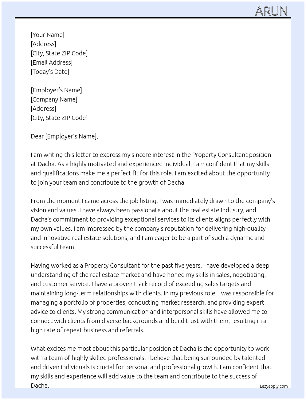 Property consultant At Dacha Cover Letter