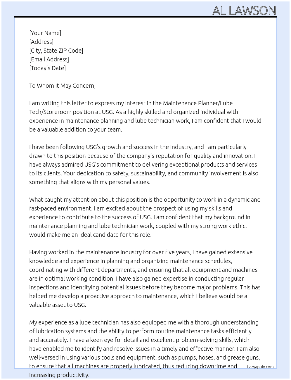 Maintenance planner/lube tech/storeroom  At Usg Cover Letter