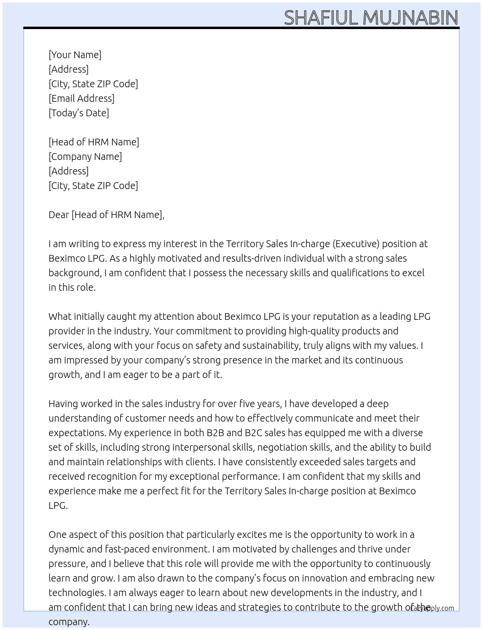Territory Sales In-charge (Executive) At Beximco LPG Cover Letter