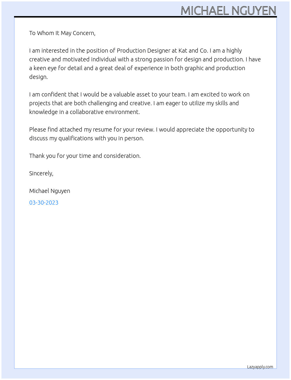 Production Designer At Kat and Co. Cover Letter