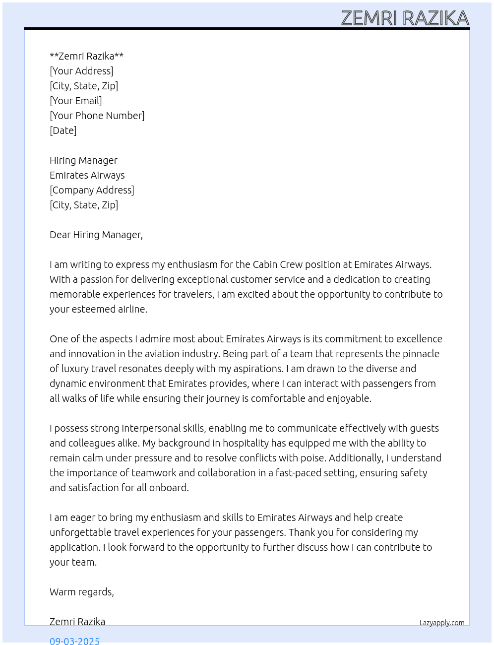 Cabincrew  At Emarates airways Cover Letter