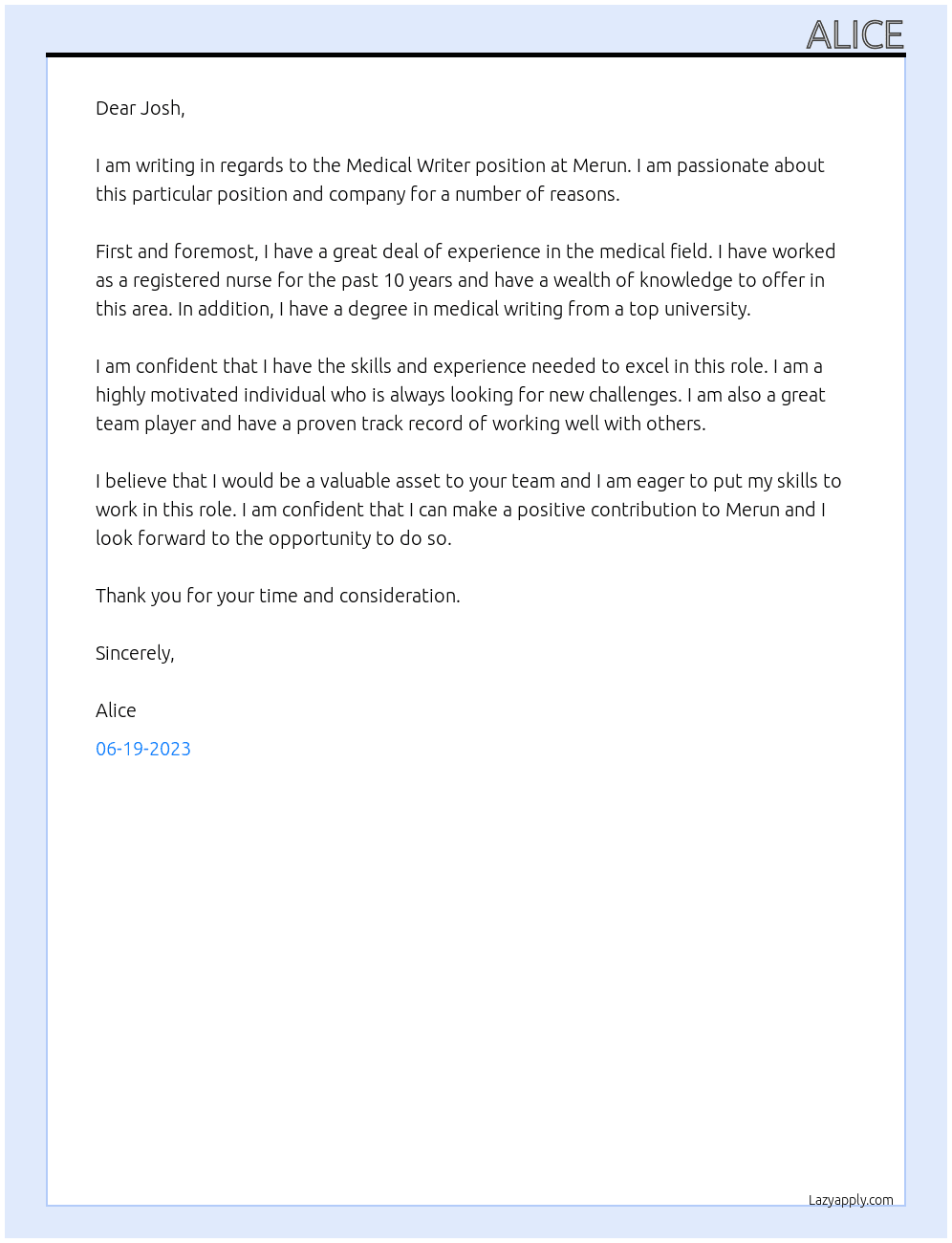 Medical writer At merun Cover Letter