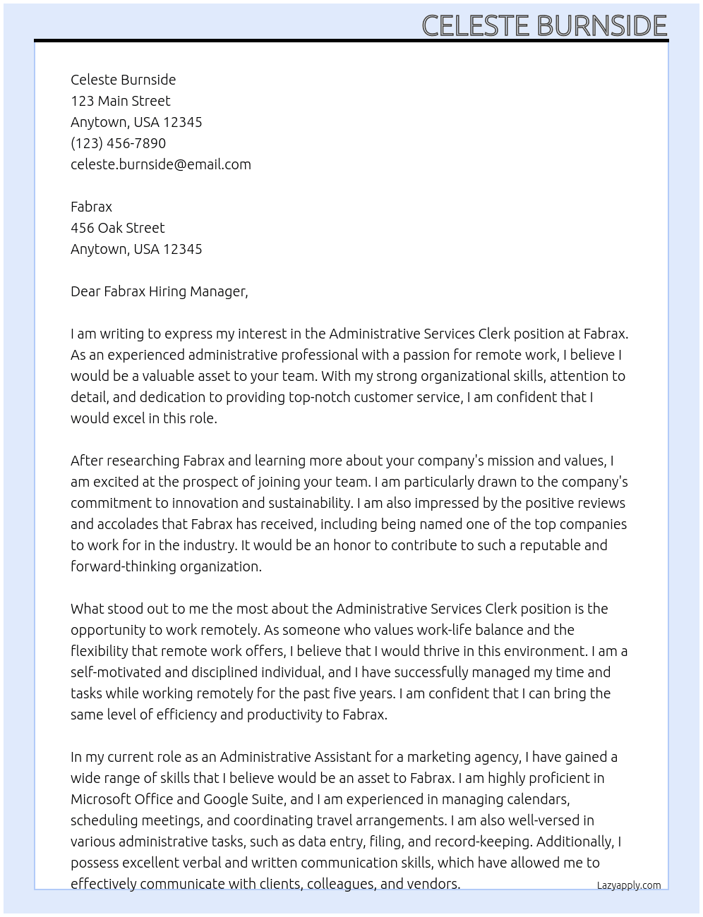 Administrative Services Clerk (Remote) At Fabrax Cover Letter
