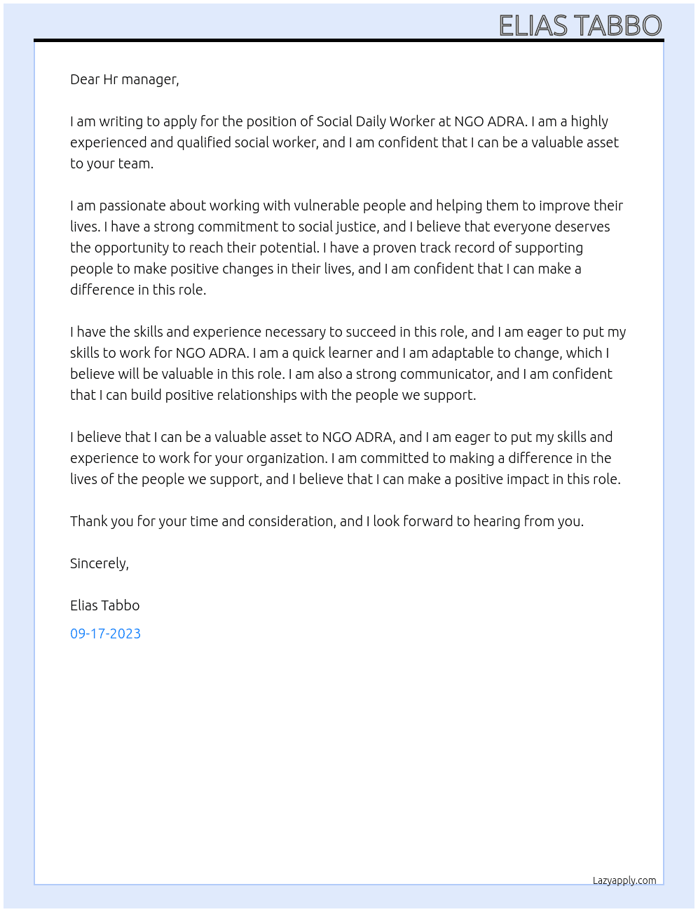  Social Daily Worker At NGO ADRA  Cover Letter