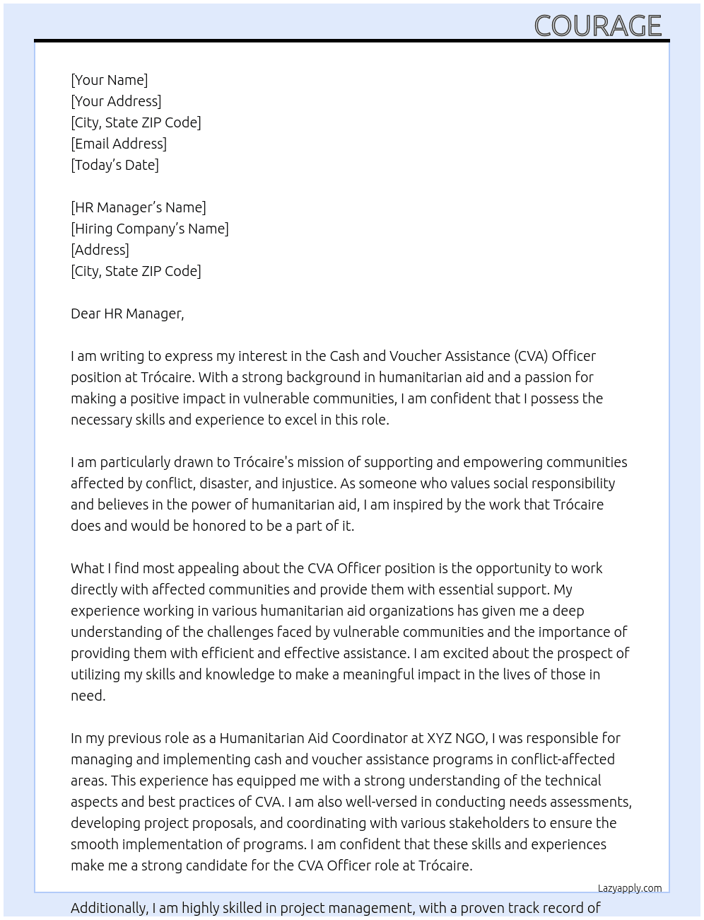 Cash and Voucher Assistance (CVA) Officer At Trócaire  Cover Letter