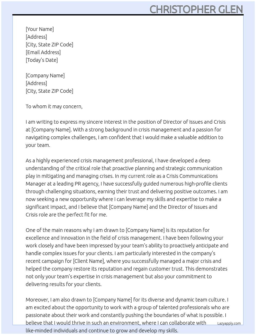 Director of Issues and Crisis At Burson Cover Letter