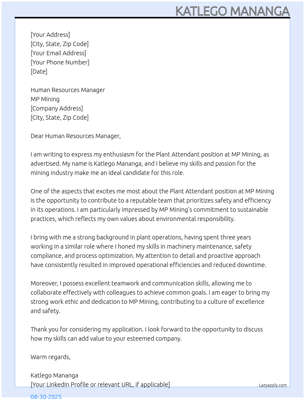 PLANT ATTENDANT  At MP Mining  Cover Letter