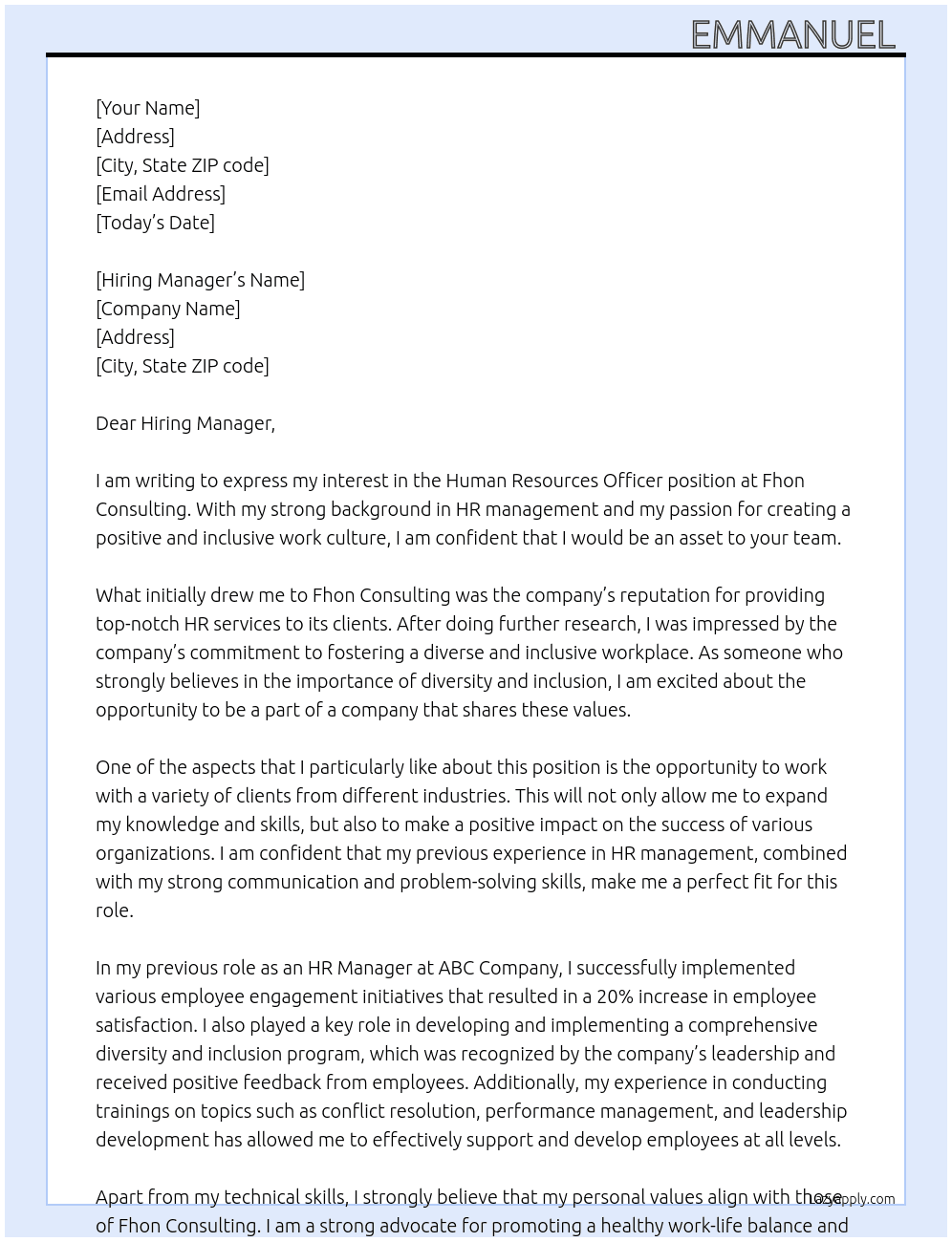 Human Resources Officer  At Fhon consulting  Cover Letter