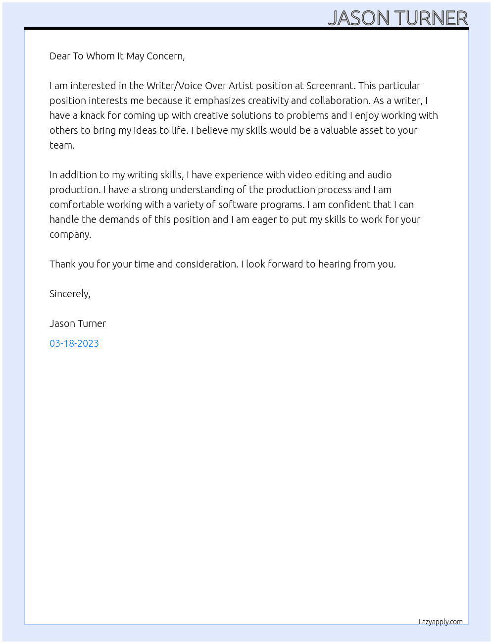 Writer/Voice Over Artist At Screenrant Cover Letter