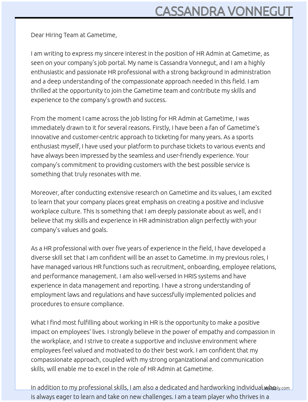 HR Admin At Gametime Cover Letter