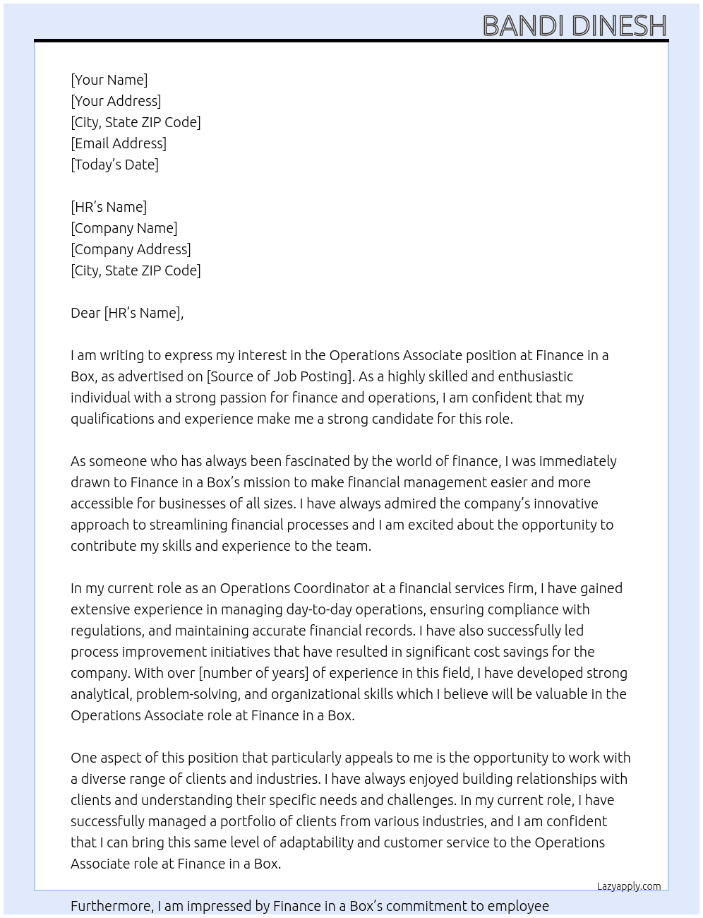 Operations associate  At Finance in a box Cover Letter