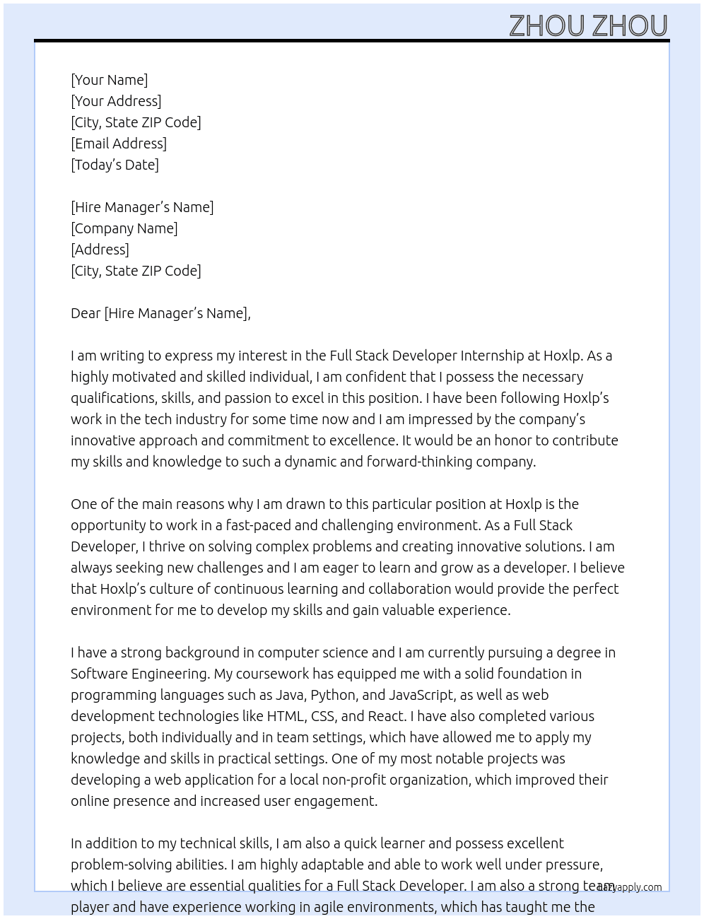 Full Stack Developer Internship At Hoxlp Cover Letter