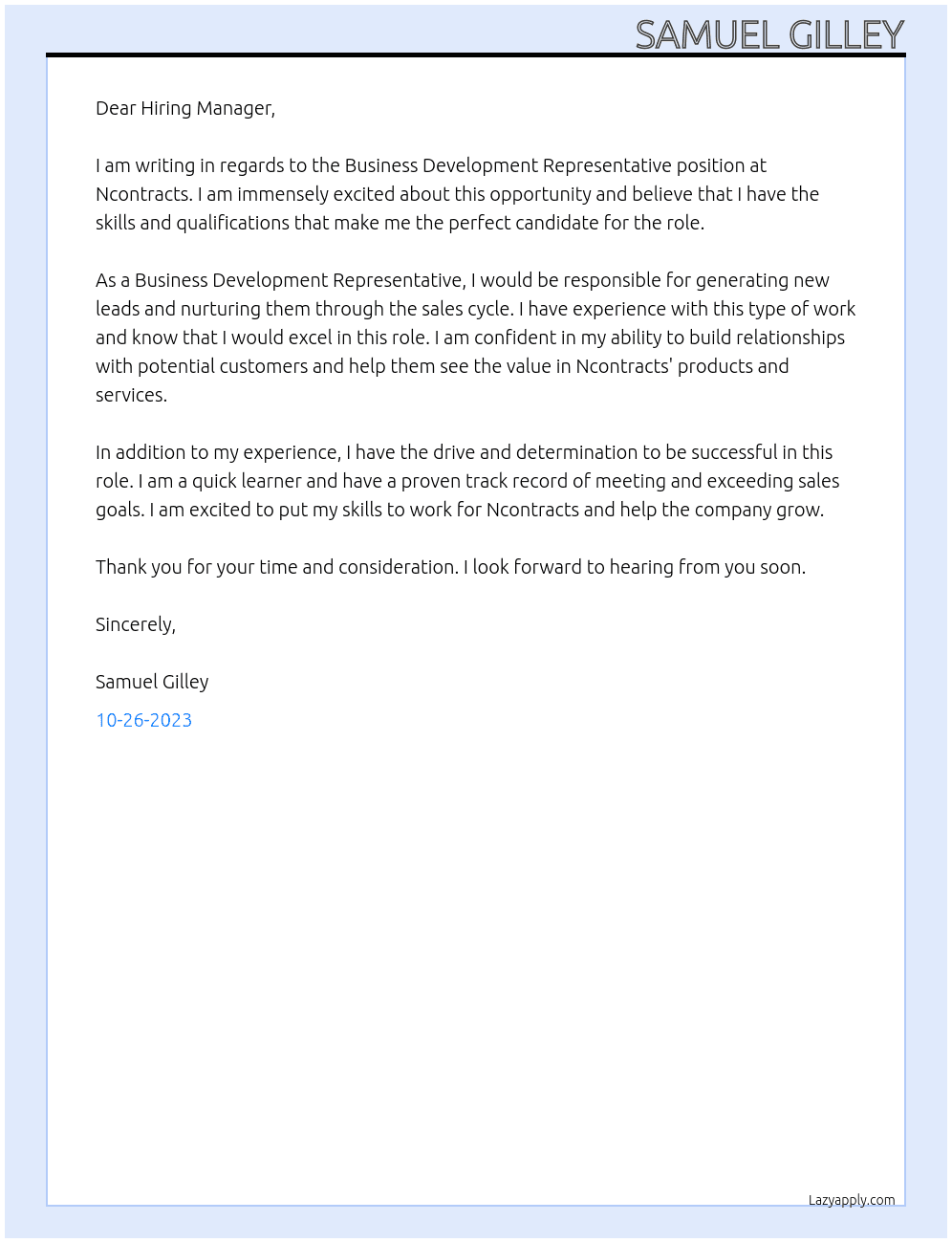 Business Development Representative  At Ncontracts Cover Letter