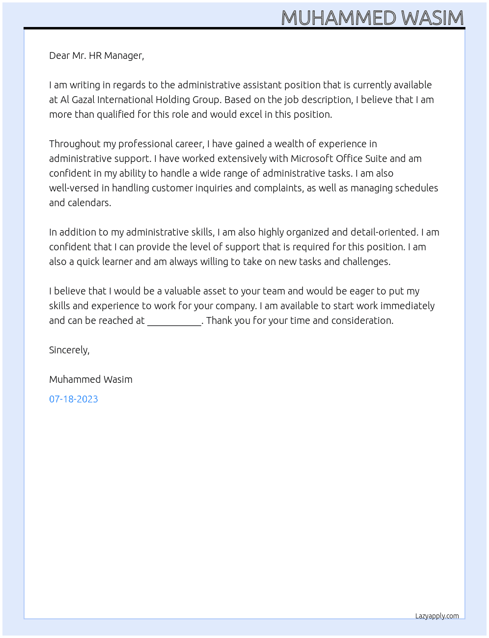 Administrative assistant  At Al Gazal international holding group  Cover Letter