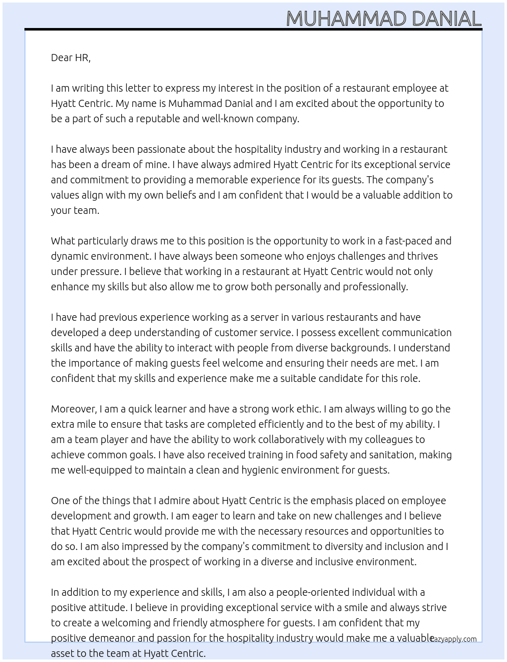 restaurant employee At hyatt centric Cover Letter