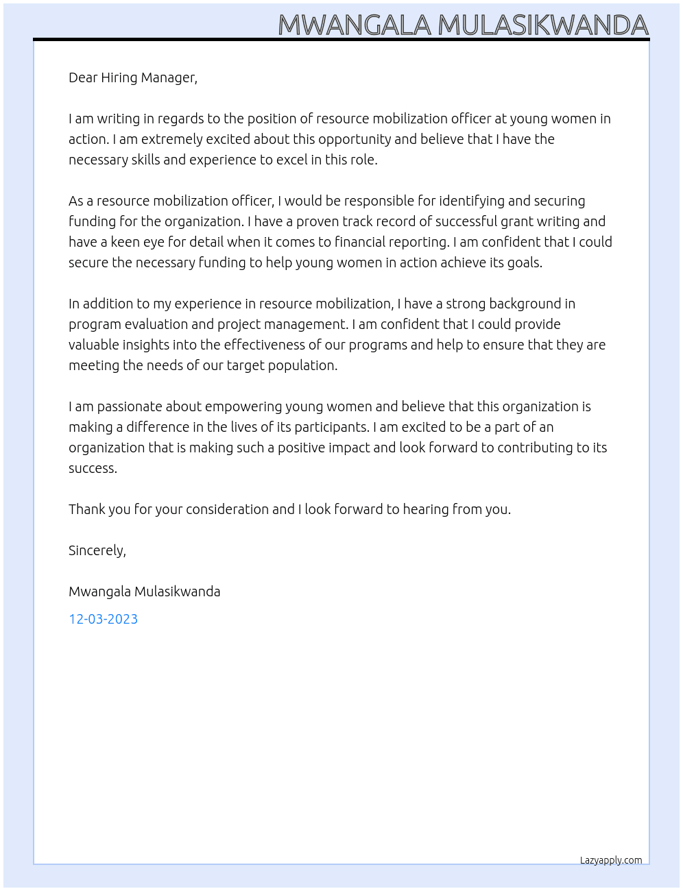 resource mobilization officer At young women in action Cover Letter