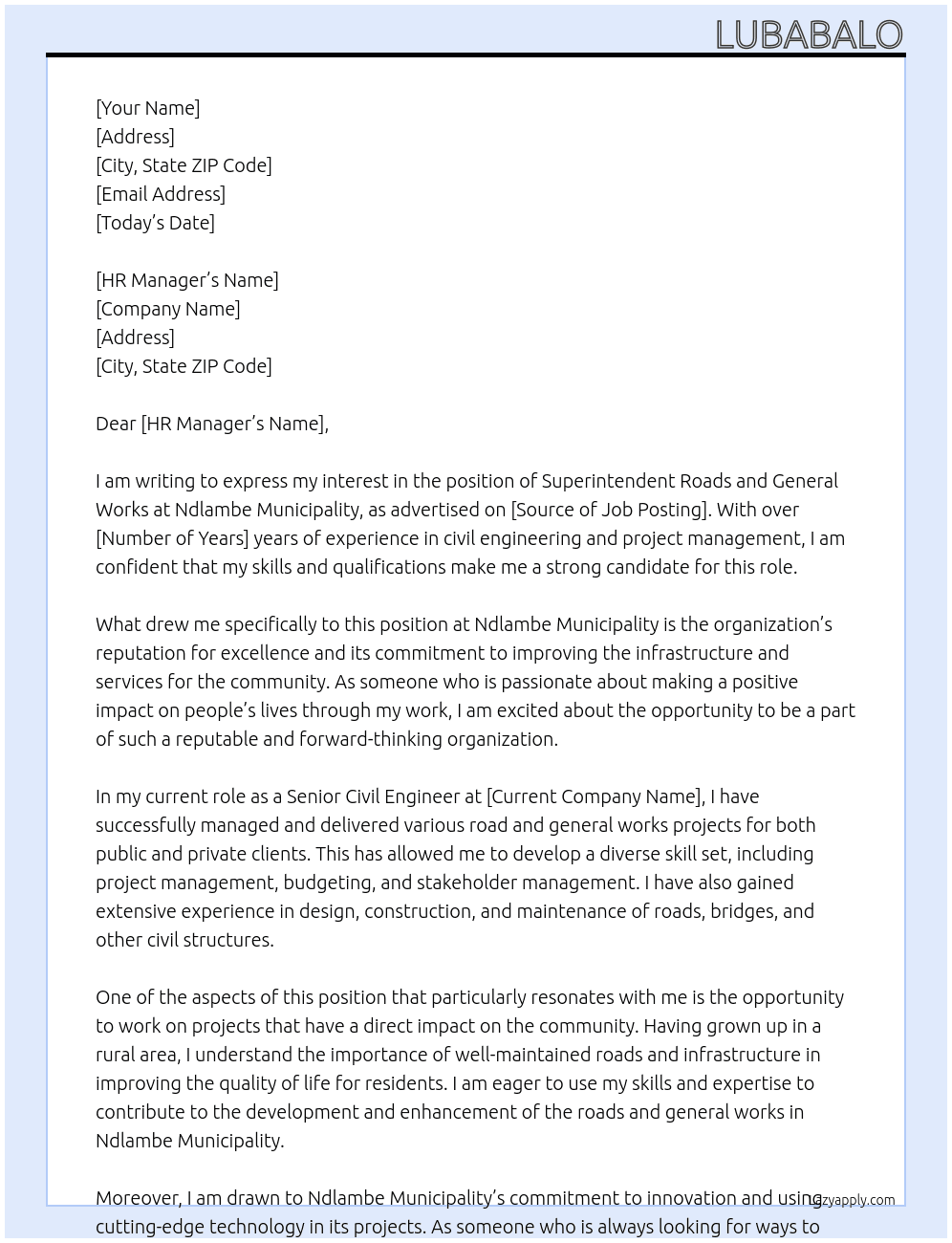 superintendent roads and general works At ndlambe municipality Cover Letter