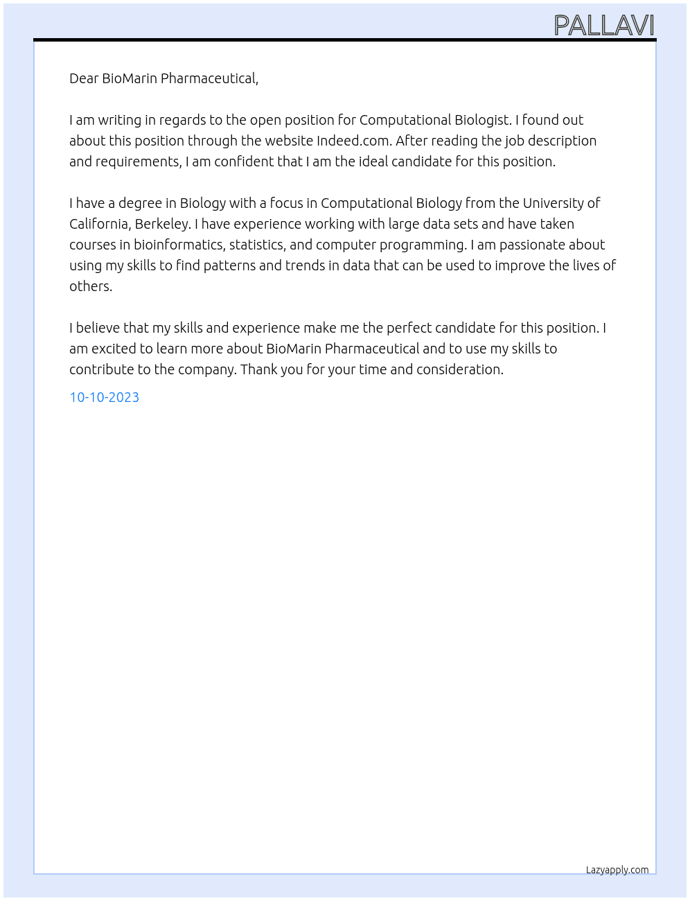 Computational Biologist At BioMarin Pharmaceutical Cover Letter