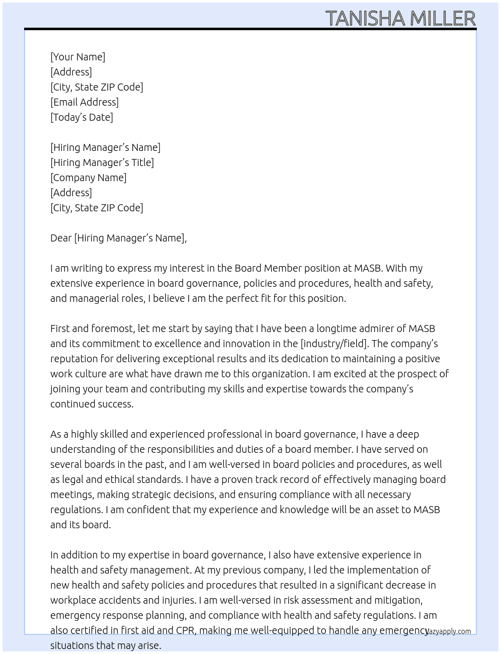 Board member At masb Cover Letter