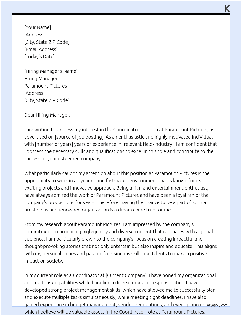   Coordinator  At Paramount Pictures  Cover Letter