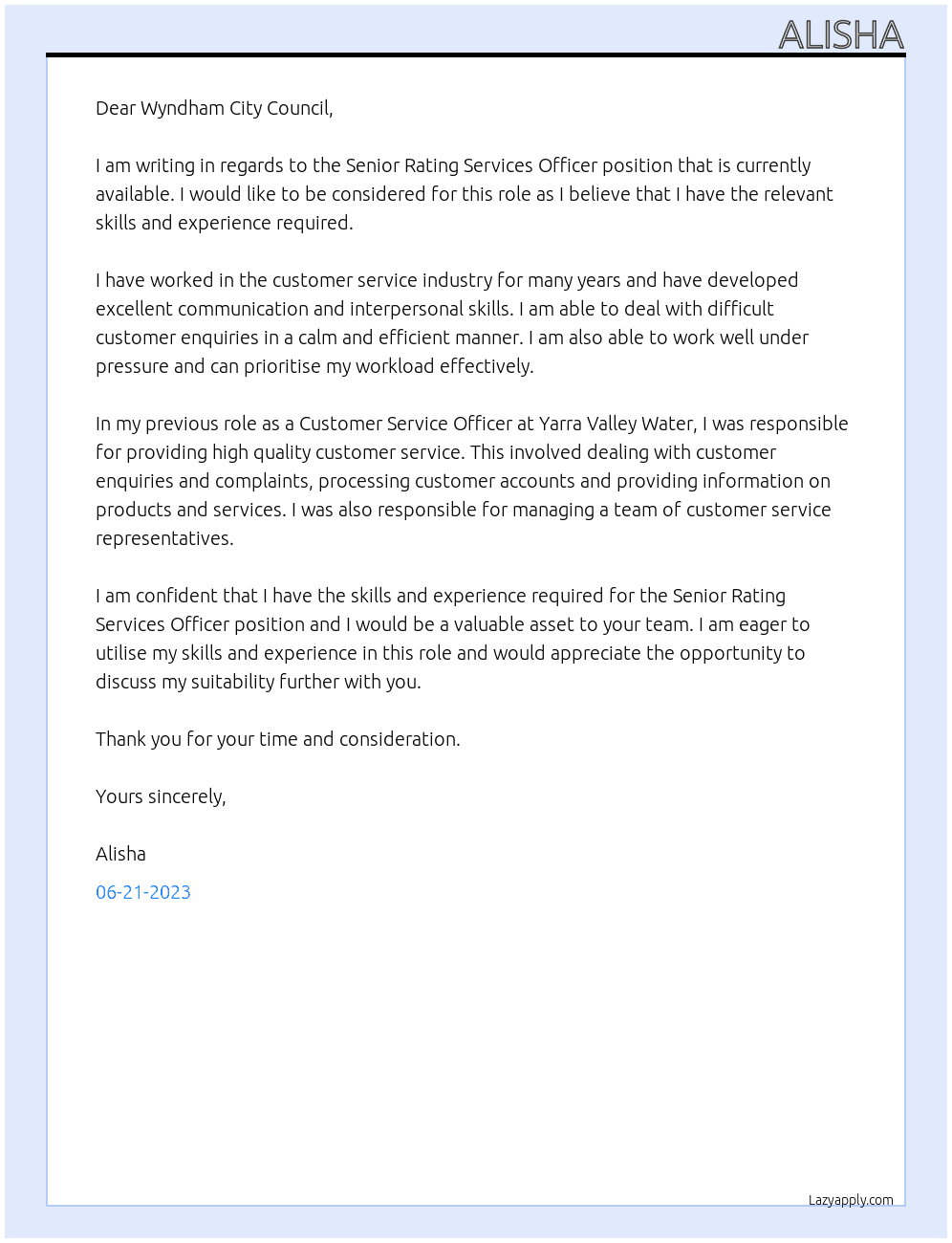 Senior Rating Services Officer At Wyndham City Council Cover Letter