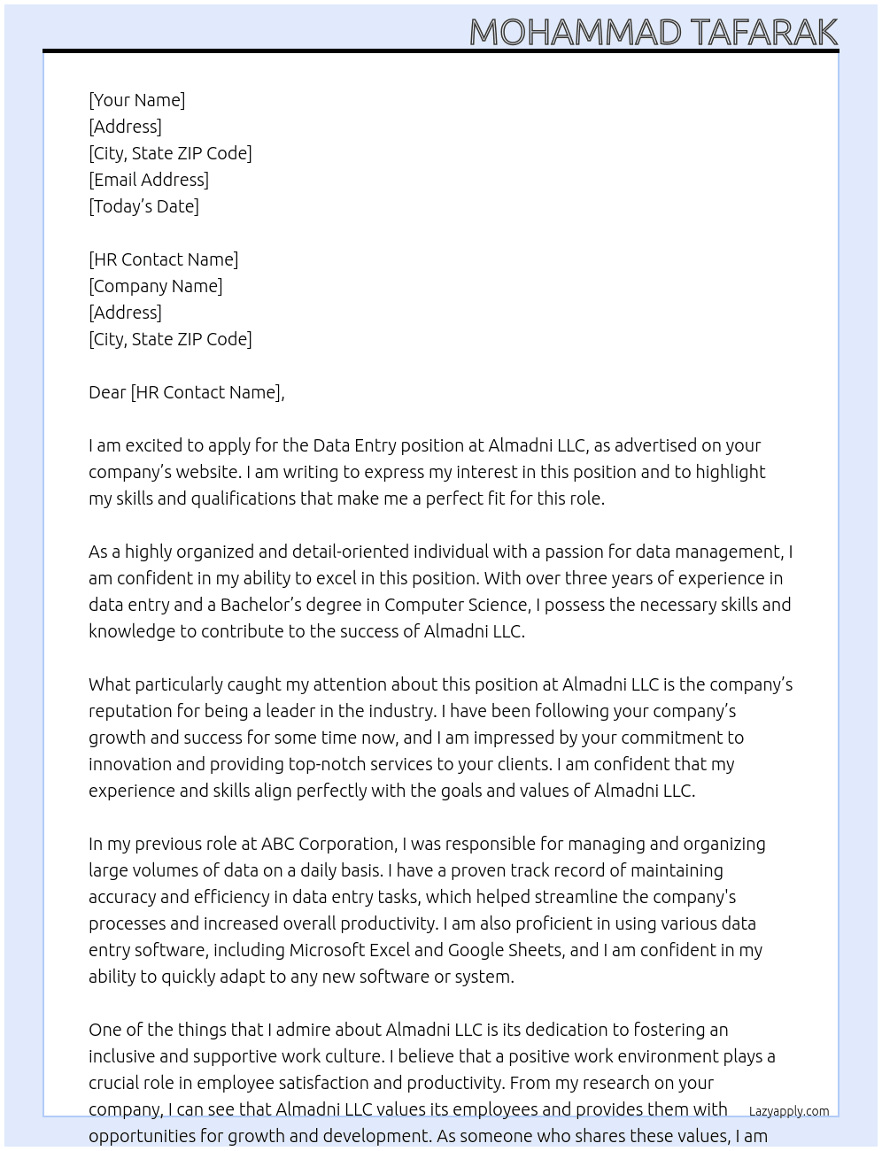 data entry At almadni llc Cover Letter