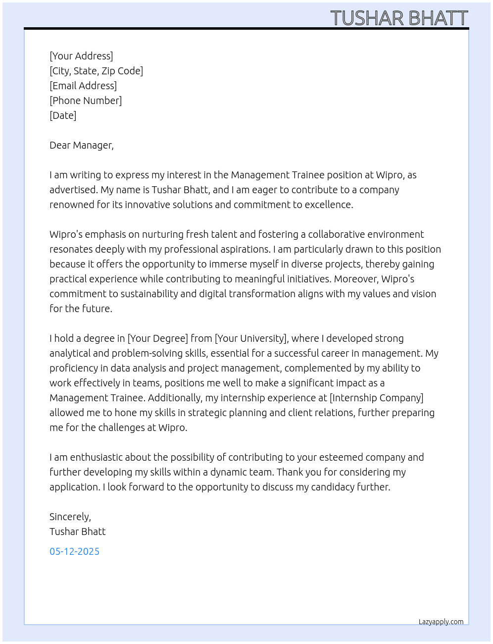Cover letter for management trainee freshers - LazyApply