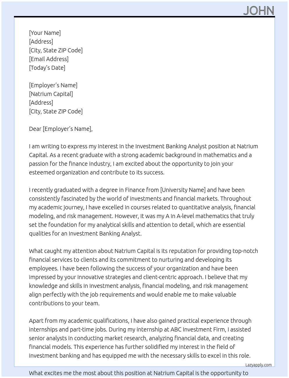 Investment Banking analyst  At Natrium capital Cover Letter