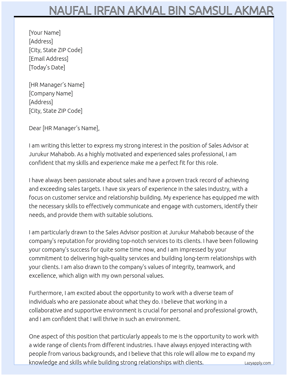 Sale advisor At Jurukur Mahabob Cover Letter