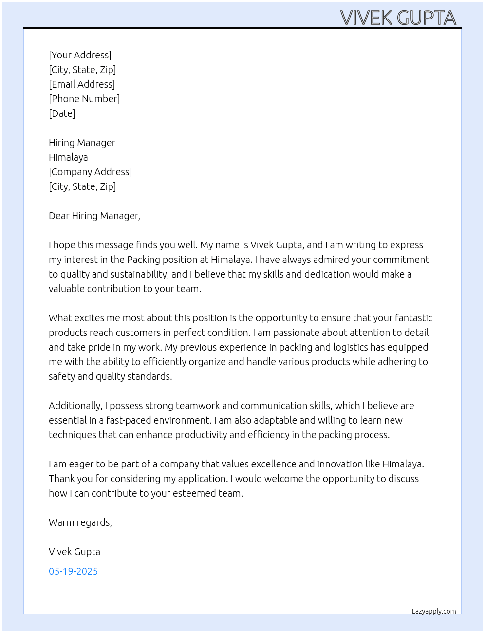 Packing At Himalaya Cover Letter