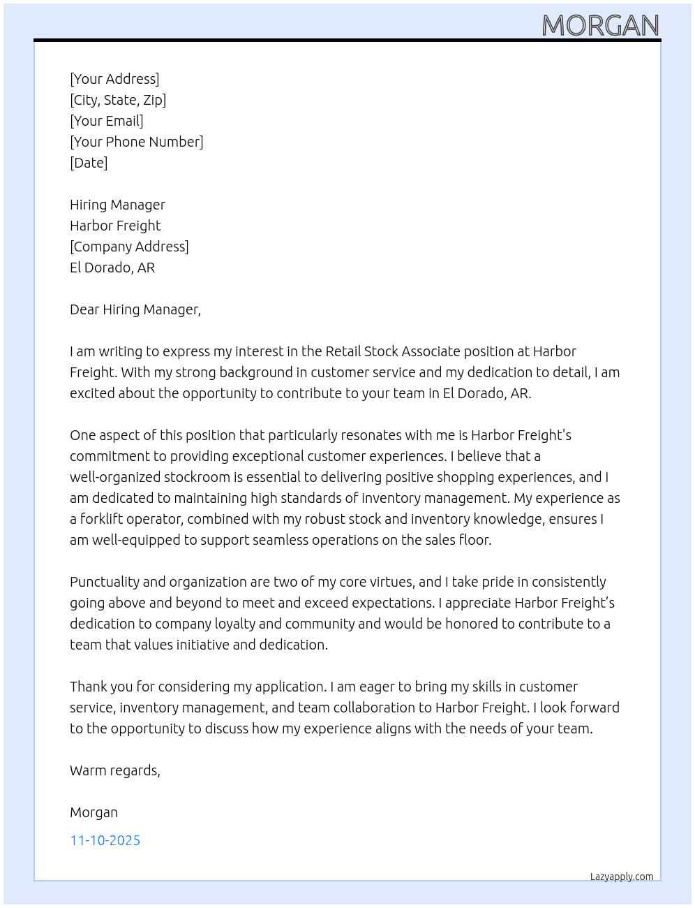 Retial stock associate  At Harbor freight  Cover Letter