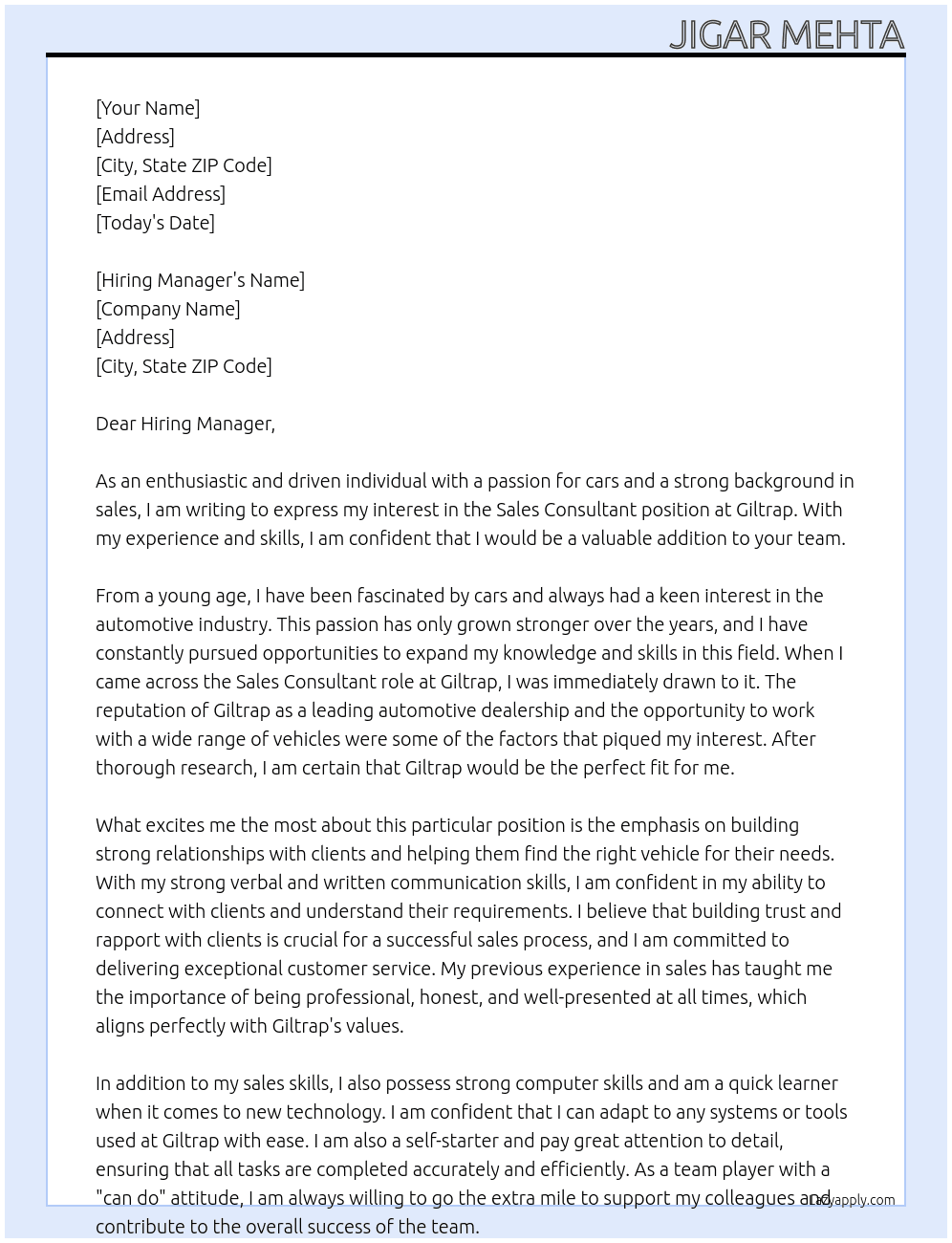 Sales Consultant At Giltrap Cover Letter
