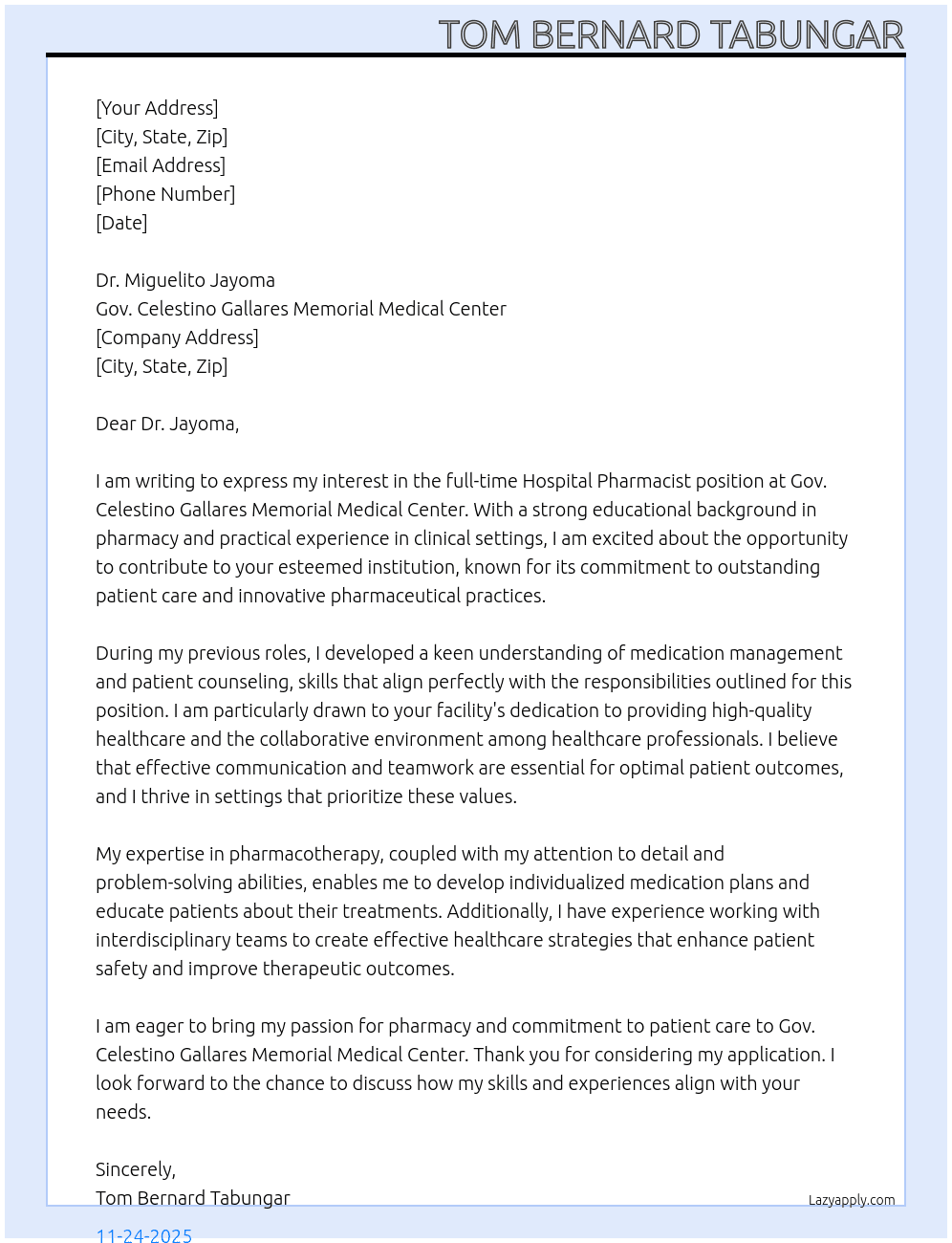 Cover letter for hospital pharmacist - LazyApply