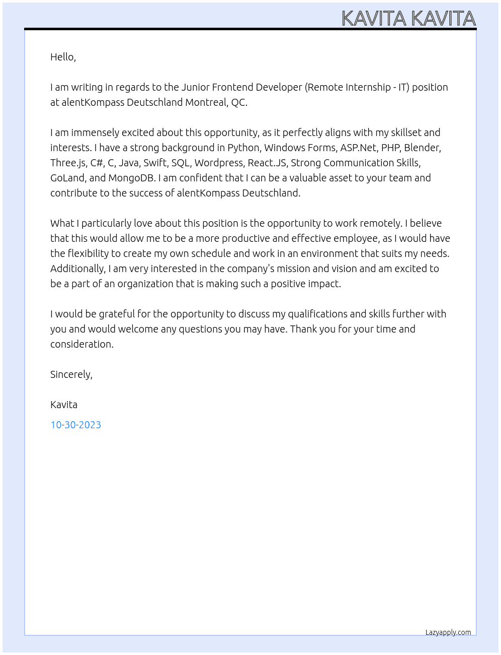 Junior Frontend Developer (Remote Internship - IT) At alentKompass Deutschland Montreal, QC Cover Letter