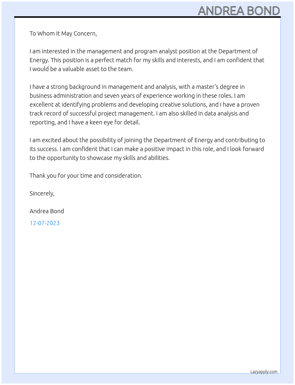 management and Program Analyst At Department of Energy Cover Letter