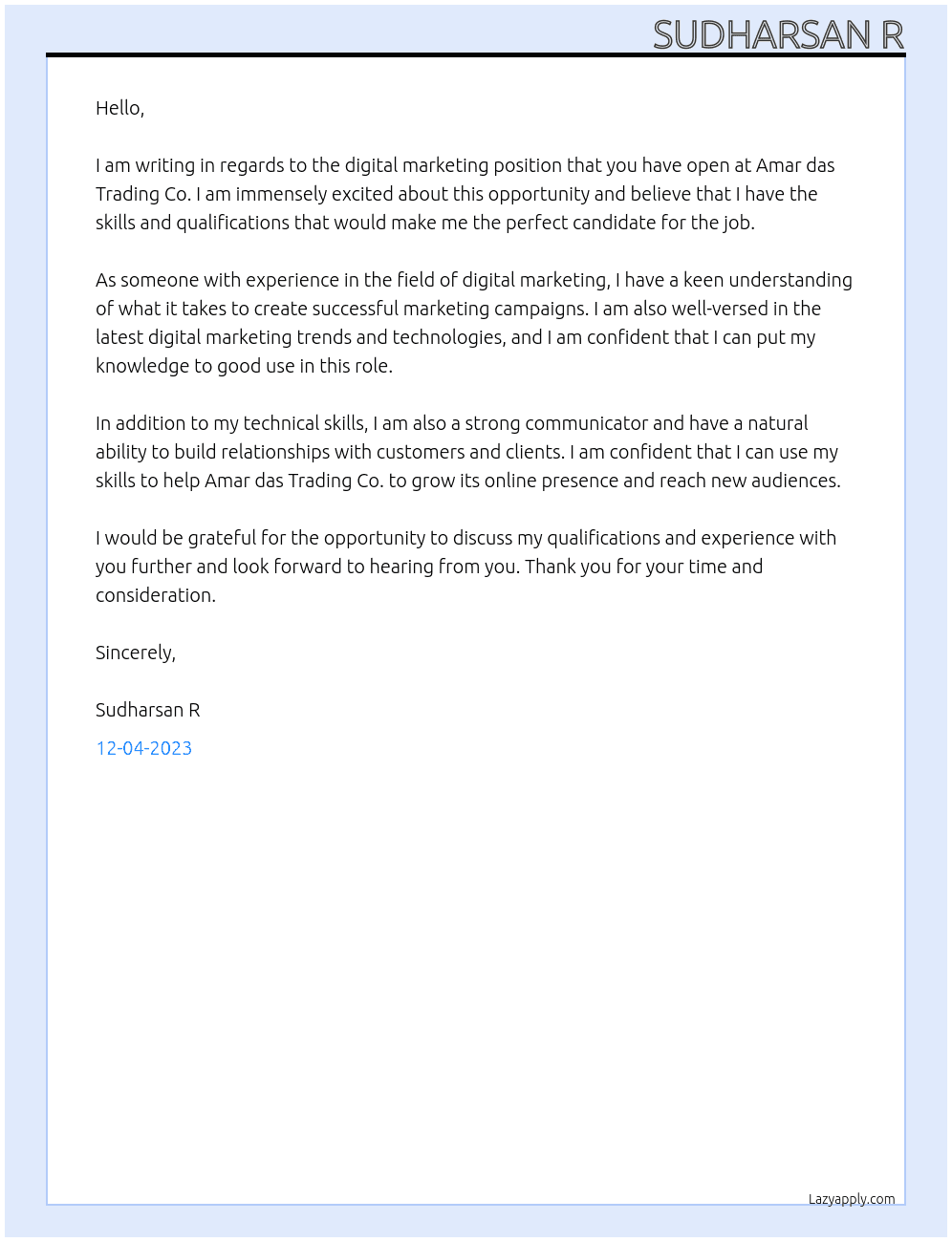 Digital marketing  At Amar das Trading co. Cover Letter