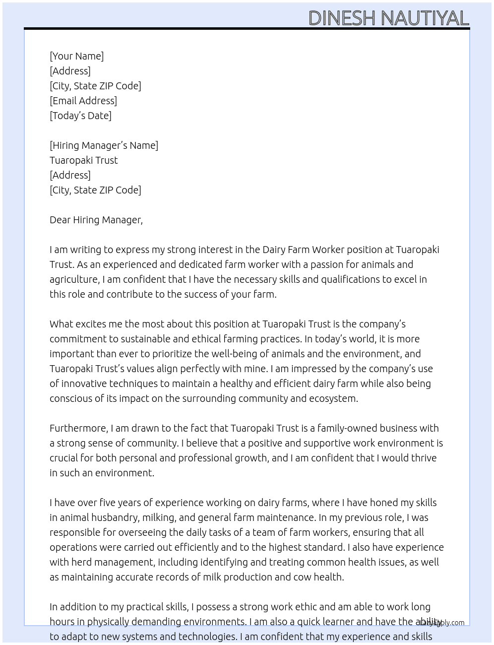 Dairy farm worker  At Tuaropaki Trust Cover Letter