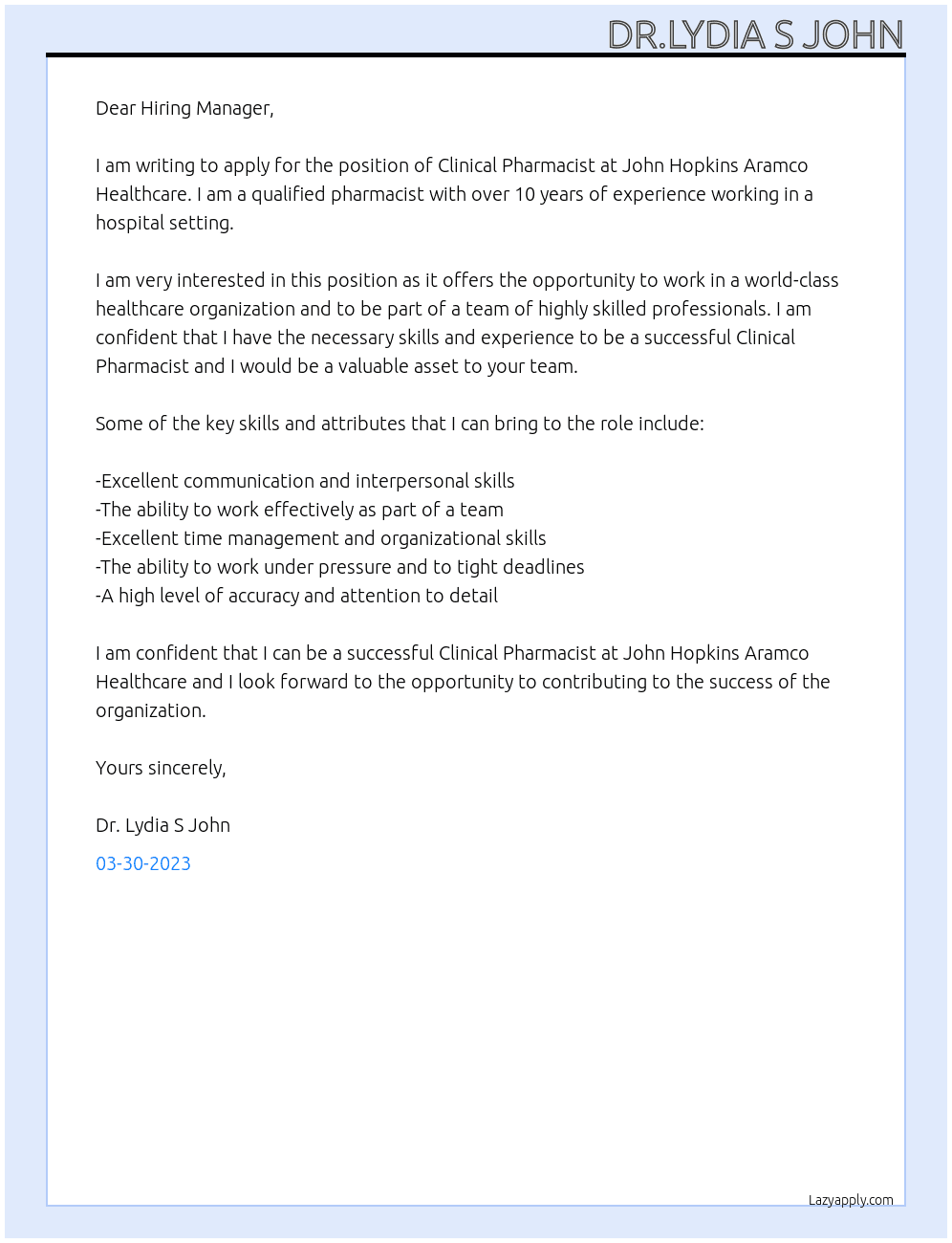 Clinical Pharmacist At John Hopkins Aramco Healthcare Cover Letter