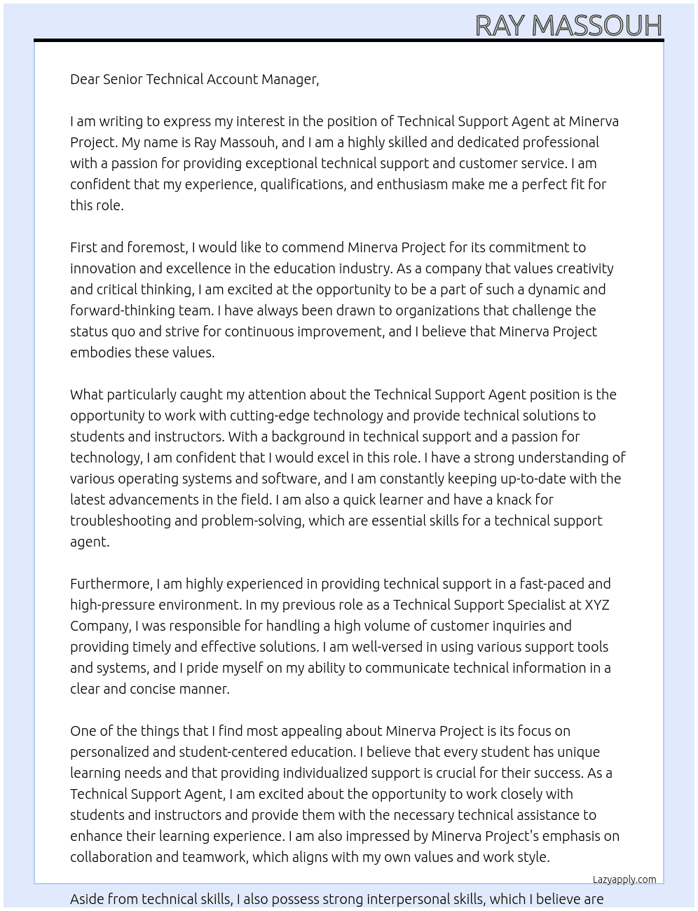 Technical Support Agent At Minerva Project Cover Letter