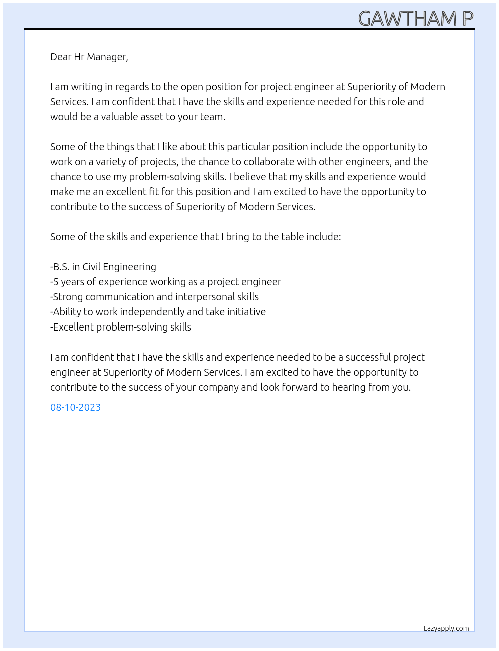 project engineer At Superiority of Modern Services Cover Letter