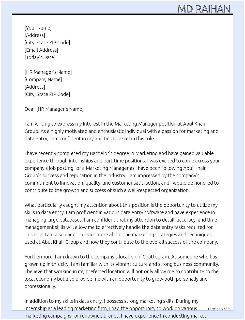 Marketing Manager At abul khair group  Cover Letter