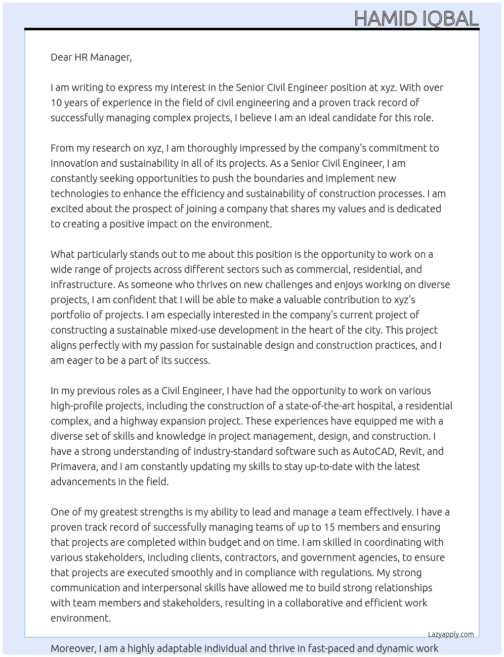 Senior Civil Engineer At xyz Cover Letter