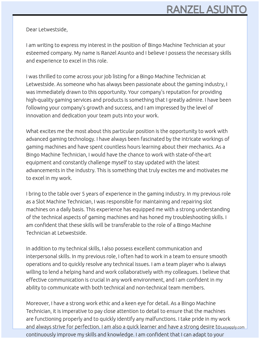 BINGO MACHINE TECNICIAN At letwestside Cover Letter