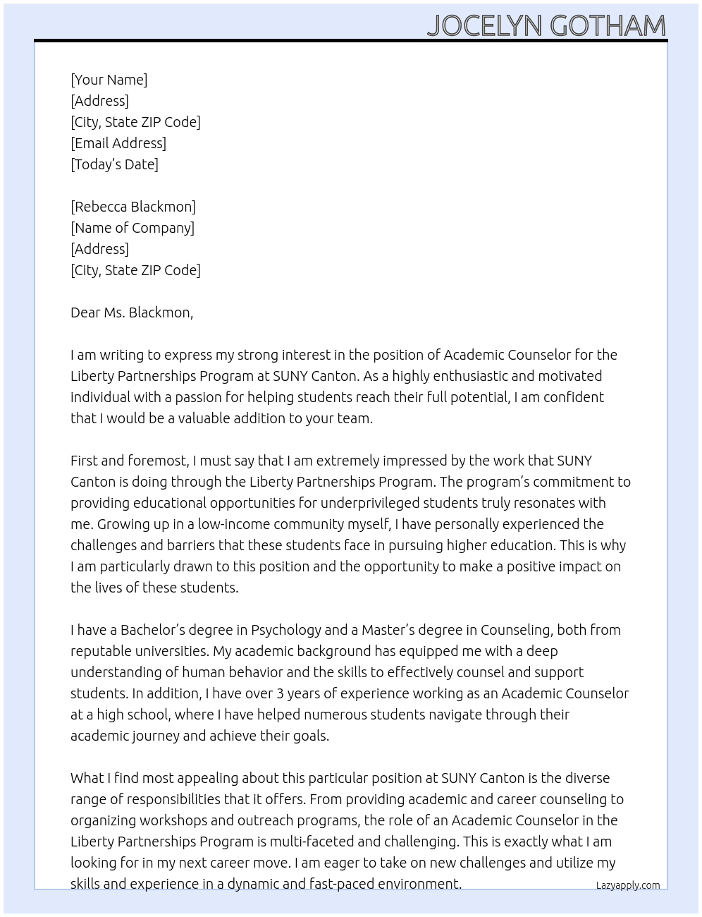 Academic Counselor, Liberty Partnerships Program At SUNY Canton Cover Letter