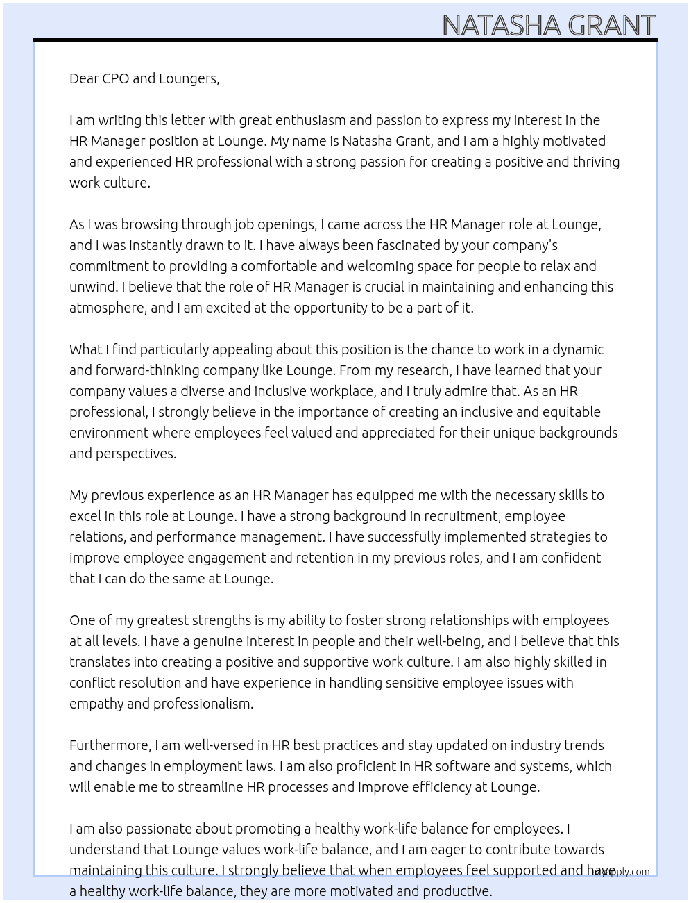 HR Manager At Lounge Cover Letter