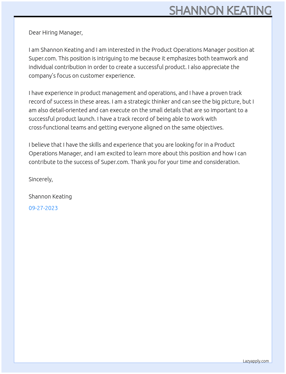 Product Operations Manager At Super.com Cover Letter