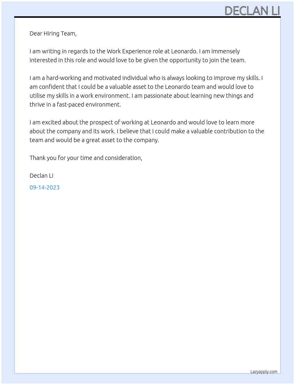 Work Experience At Leonardo Cover Letter