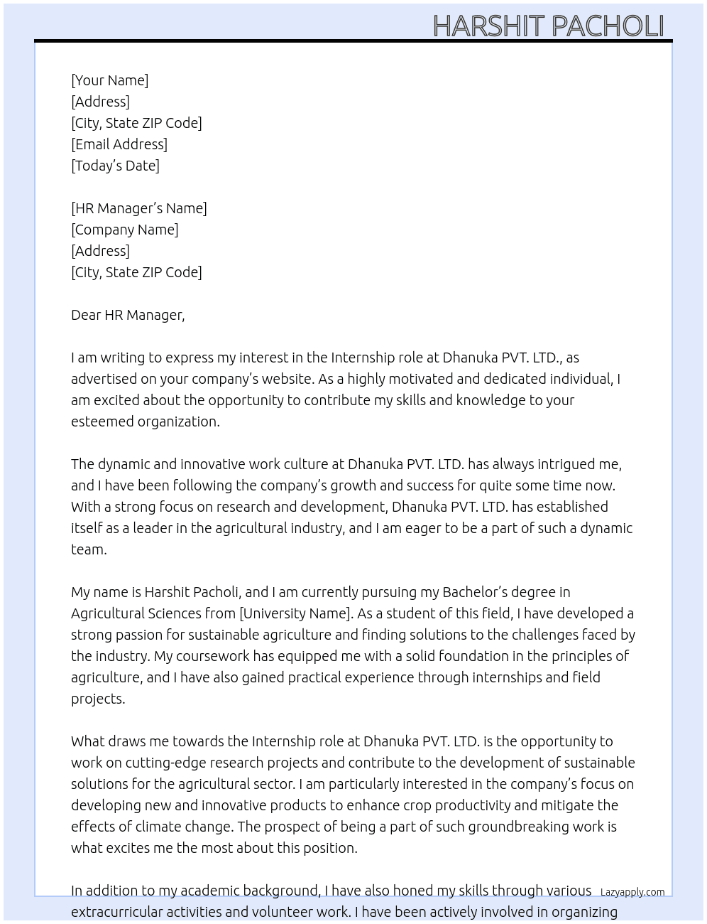 Intern  At Dhanuka PVT. LTD. Cover Letter