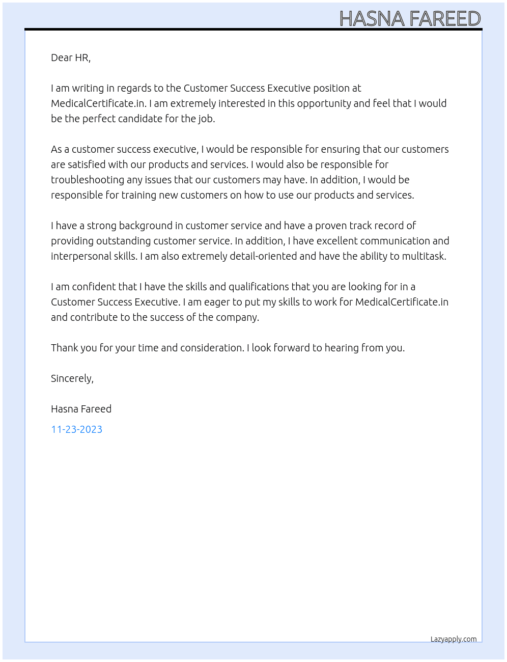Customer Success Executive  At MedicalCertificate.in Cover Letter
