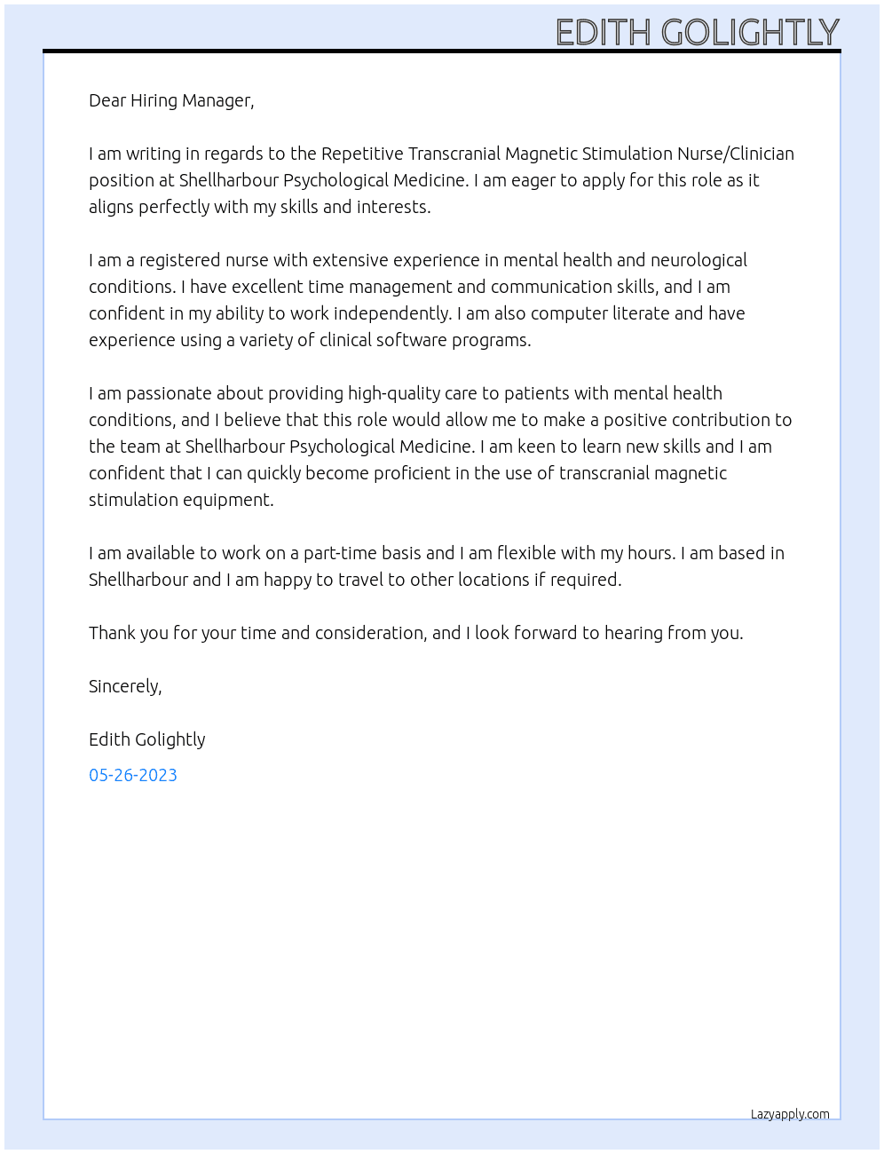 Repetative Transcranial Magnetic Stimulation - Nurse/Clinician At Shellharbour Psychological Medicine Cover Letter